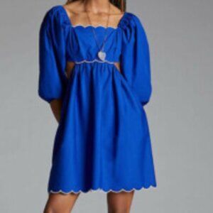 Anthropologie Blue Puff Shoulder Mini Dress with White Scallops - Size M